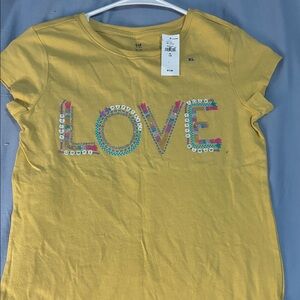 GAP Yellow Tee with Multicolor LOVE Design
